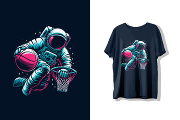 Astronaut playing basketball design for t-shirt prints or t shirt label illustration - obrazy, fototapety, plakaty