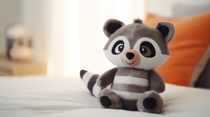 Cute raccoon plush toy, closeup. - obrazy, fototapety, plakaty