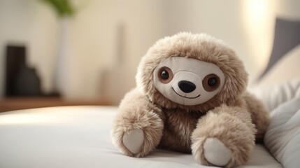 Cute sloth plush toy, closeup. - obrazy, fototapety, plakaty