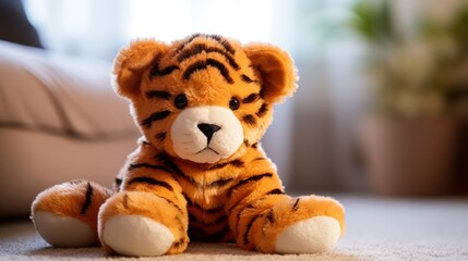 Cute tiger plush toy, closeup.