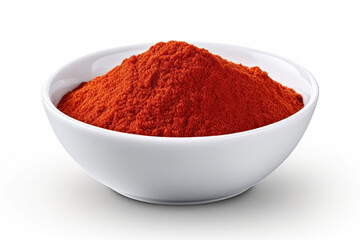 red chilli powder in a white bowl isolated on white background