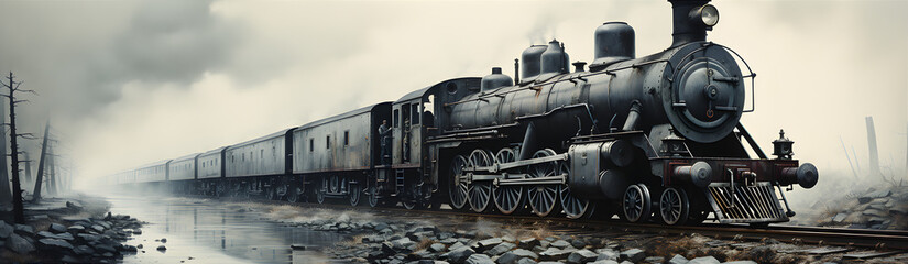 Fototapeta na wymiar Railway Track And Vintage Steam Locomotive. Illustration On The Theme Of Technology And History, Railways And Transport. Generative AI