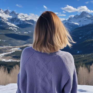 The girl looks at the mountains, the girl is enchanted by the mountains