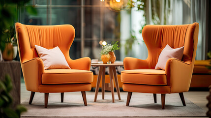 two orange armchairs in a living room - obrazy, fototapety, plakaty