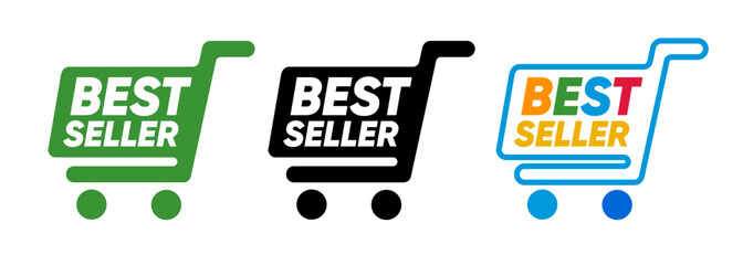 Best seller label emblem sticker tag green black white symbol shopping cart popular product