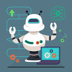 Robot and laptop vector illustration. Algorithm, gear wheels, neural connections. Robotics technology, artificial intelligence concept