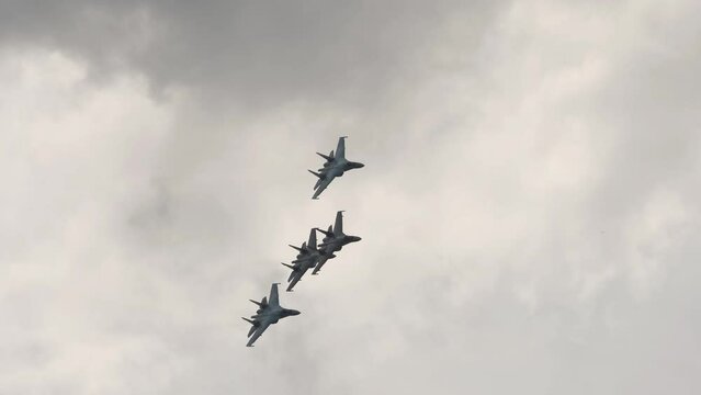 Warplanes in the sky. Military fighters performing aerobatic maneuvers. Airplane army. Airplane spinning in the air, extreme flight
