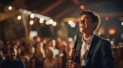 Young man delivering impactful speech through a microphone in a crowded public event. - obrazy, fototapety, plakaty