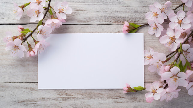 Empty paper and pink flowers on white wooden table, can use as a greeting card with fresh flowers, template for copy space, top view