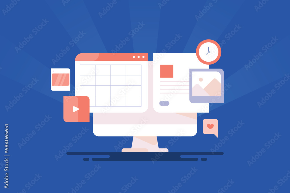 Poster content calendar planning, social media post schedule software user interface on computer screen, ve