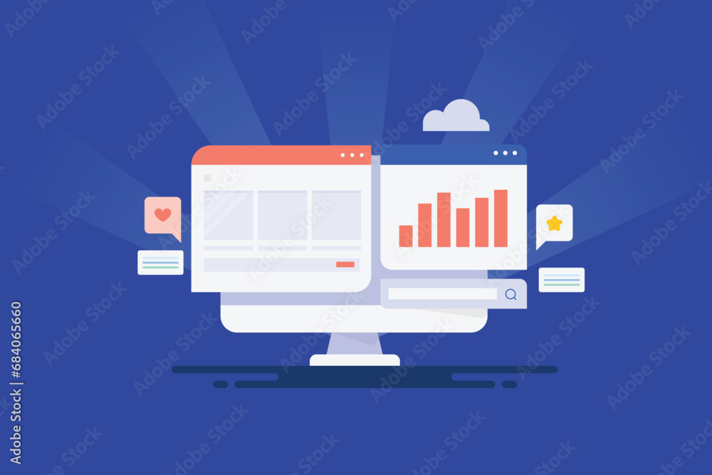 Aufkleber website analytics data graph and web page on computer screen, seo, social media information cloud te