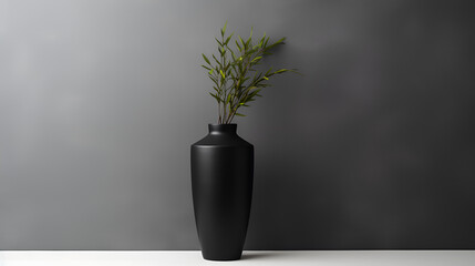 Black vase with plant on black table top white wall on background Ai generative