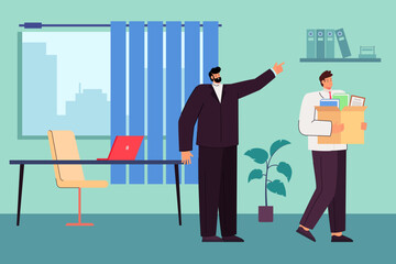 Executive manager firing employee vector illustration. Boss pointing man with carton box to door. Job cuts, dismissal of worker concept