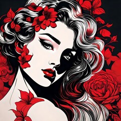 vintage portrait of a beautiful young woman, elegant, black and red colors, minimalist, sharp ink lines, nostalgic illustration, 