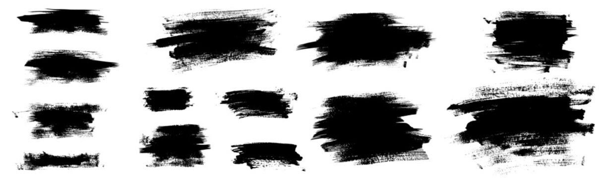Ink splash vector background. Black paint blots on transparent background. Vector grunge brush stroke textures. Isolated black ink spots, splash frames. Chinese, Korean, Japanese sumi texture