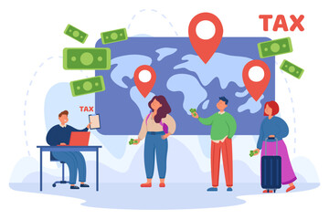 Tourists giving money to tour and travel agency. Vector illustration. Tourist tax payment. Tourism, travel, new rules, introduction of tax concept