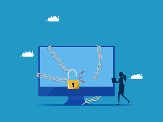Unlock the concept. woman holds laptop to unlock. Vector illustration