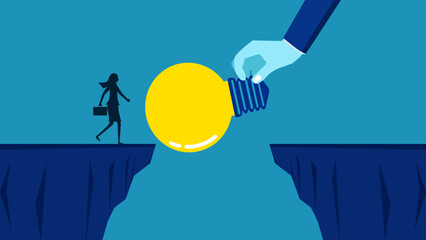 Teach knowledge to overcome obstacles. Businessman manager gives a light bulb bridge over a cliff. Vector - obrazy, fototapety, plakaty