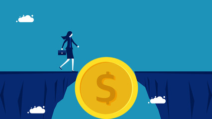 Overcome financial risks. Businesswoman crossing coin bridge vector - obrazy, fototapety, plakaty
