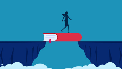 Overcoming obstacles in learning. woman crossing the book bridge vector