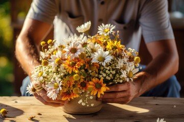 A male florist collects a bouquet of spring flowers.