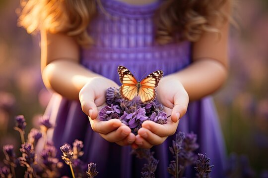 A girl in a lilac dress with a butterfly in her hands on a lavender field.