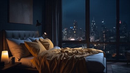 Photo of a luxurious hotel bedroom with a yellow bed and indirect lighting with a great city night view