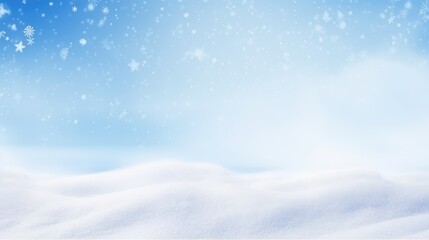 Snow  winter background with snowdrifts, with beautiful light and snowflakes on the blue sky beautiful bokeh circles, banner format