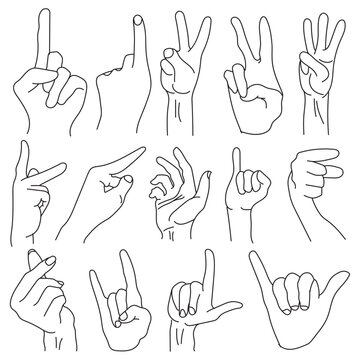 Hands vector poses. Hand holding and pointing gestures, line icons set. Human palms and wrist vector set.  Communication or talking with emoji for messengers