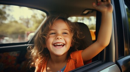 Happy children stretches her arms while sticking out car window. Lifestyle, travel, tourism, nature..family, travel, children, trip, journey, transportation - obrazy, fototapety, plakaty
