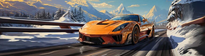 Sports car driving at high speed on a highway. Winter snowy road. Modern design. Futuristic design. Concept car. For poster, invitation, flyer, banner, header. Generative AI content