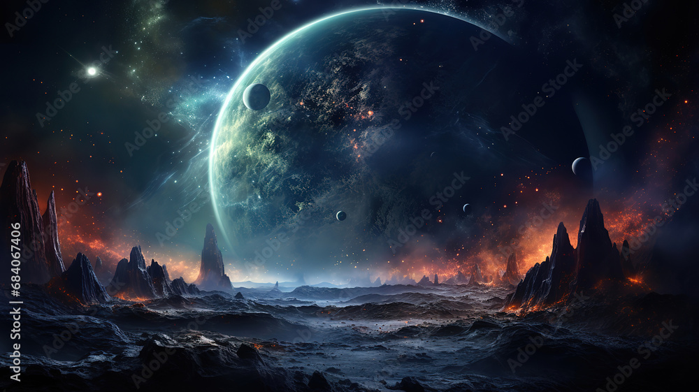 Poster cosmic background with alien planet and deserted landscape with mountains. generative ai