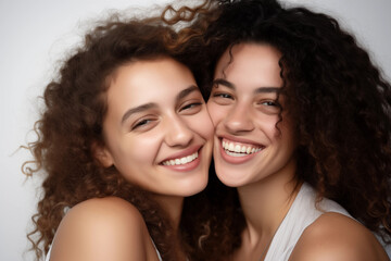 Close-Up Photo of Two Young Women, Cheek to Cheek, Sharing Bright Smiles and Radiating Joyful Happiness in a Heartwarming Display of Youthful Bonding