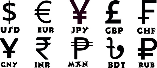 Currency Symbols Vector Illustration, Black and White, Featuring USD, EUR, JPY, GBP, CHF, CNY, INR, MXN, BDT, RUB. Ideal for International Finance, Forex, and Global Economy. - obrazy, fototapety, plakaty