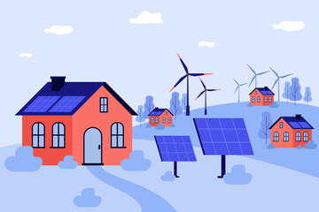 Suburban landscape with houses, wind turbines and solar panels. Flat vector illustration. Green energy, ecology concept - obrazy, fototapety, plakaty
