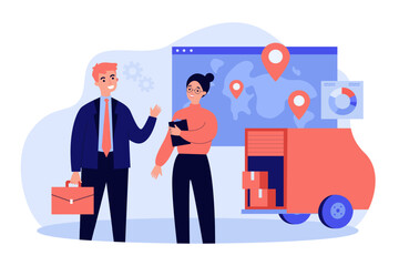 Businessman and logistics manager arranging goods delivery. Vector illustration. Map with destination points, truck with goods. Supply chain optimization, logistics concept