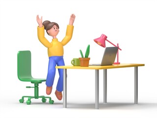 3D illustration of smiling Asian woman Angela happy in the office.successful concept. Flat cartoon character.3D rendering on white background.
