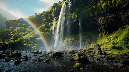 Fototapeta na wymiar A rainbow over a waterfall. Generative Ai