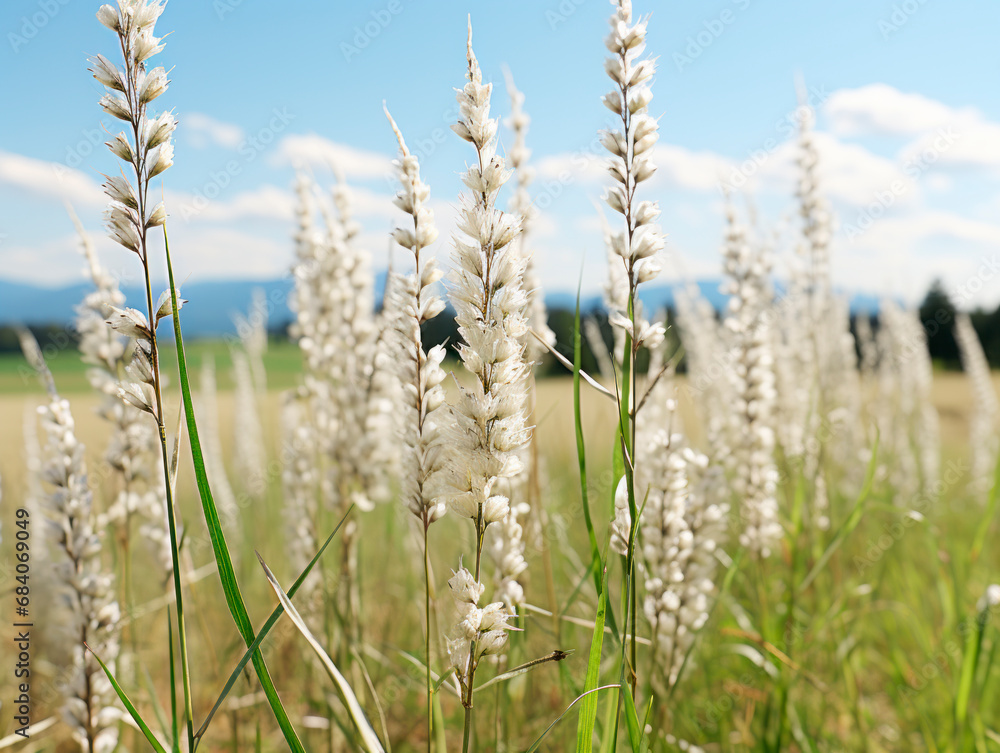 Poster tall white grasses standing against a serene sky, creating a tranquil field background. generative a