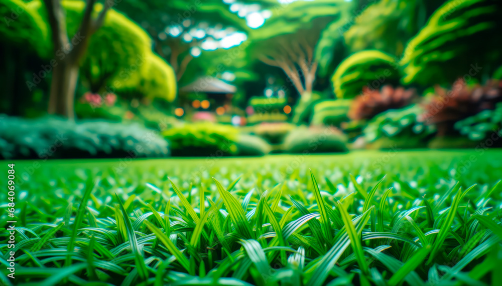 Poster low angle view of a lush garden with soft focused flora and vibrant grass. generative ai