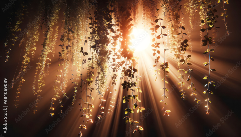 Leinwandbilder branch of a tree with green leaves in the rays of the setting sun. generative ai