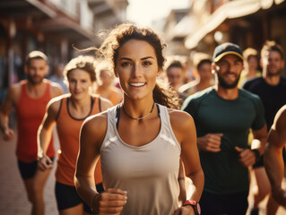 Focused woman jogging determinedly in an urban marathon. Generative AI