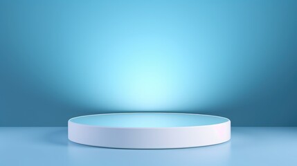 The podium is a light blue wall of a round shape with beautiful backlighting. Trendy modern background for presentation high resolution