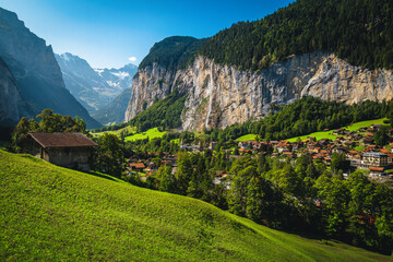 Amazing Lauterbrunnen village in the picturesque valley, Switzerland