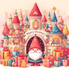 Merry Christmas cute cartoon style in center of a castle. 
