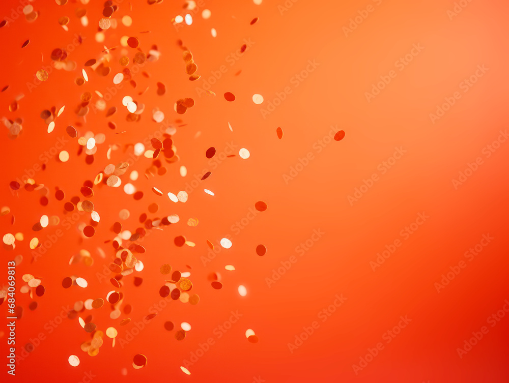 Poster vibrant red confetti explosion on an orange gradient background, festive joy. generative ai