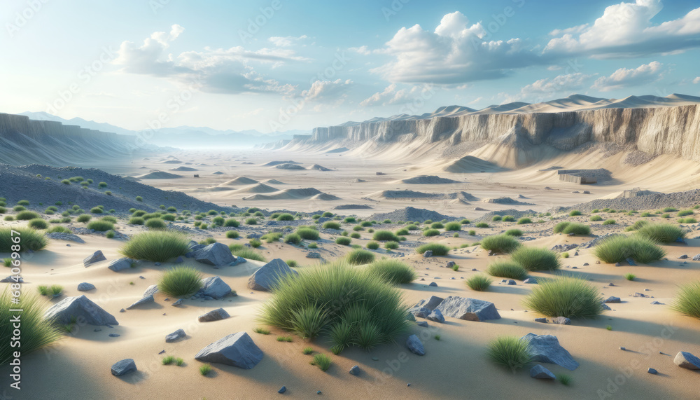 Poster Desert terrain featuring green shrubs and distant cliffs under a clear sky. Ecosystem diversity concept. Generative AI