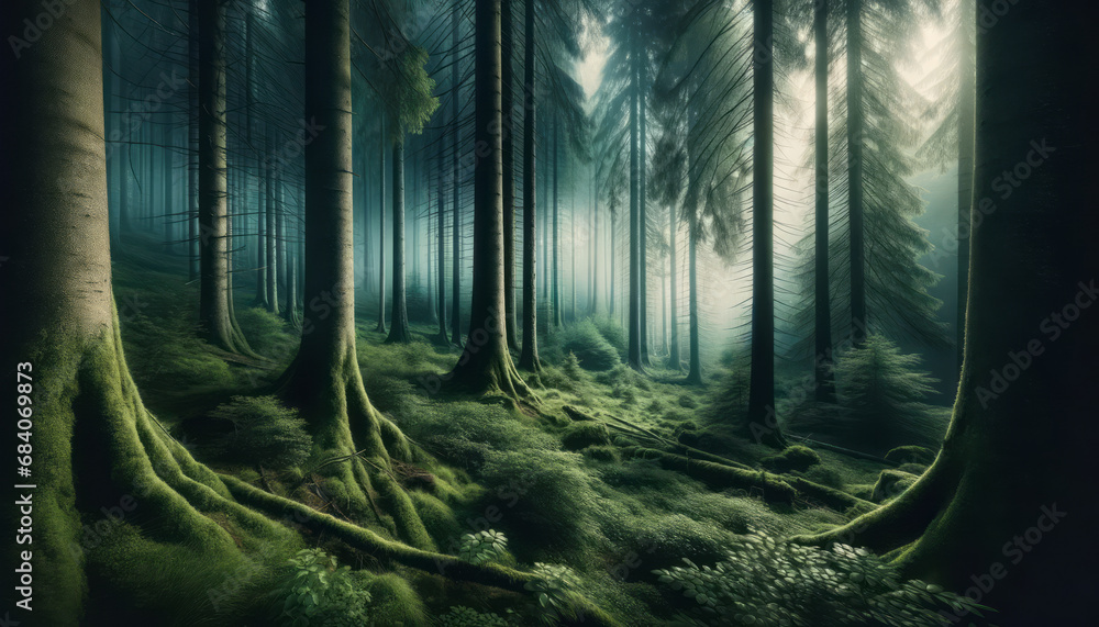 Poster Mystic forest scene with dense fog and lush greenery. Fantasy backdrop concept. Generative AI