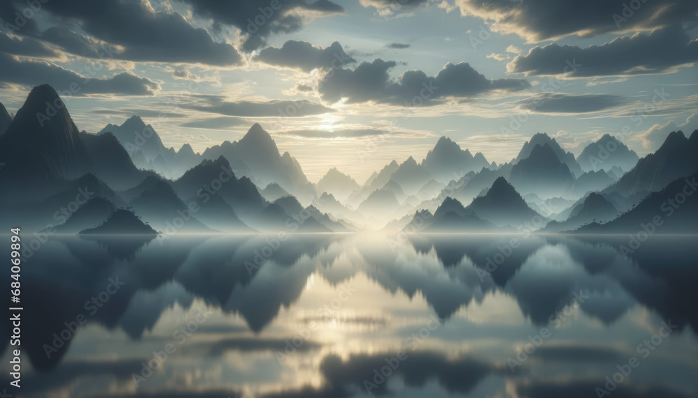 Aufkleber misty mountain range with tranquil lake and cloudy skies. serenity and nature concept. generative ai