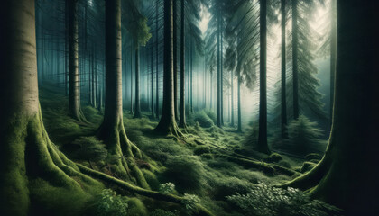 Mystic forest scene with dense fog and lush greenery. Fantasy backdrop concept. Generative AI